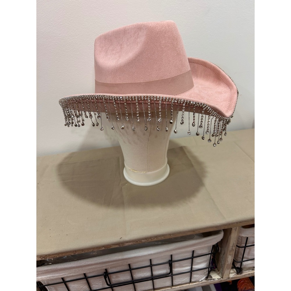 Pink Rhinestone Fringe Cowboy Hat Western Faux Suede Bachelorette Festival Hat